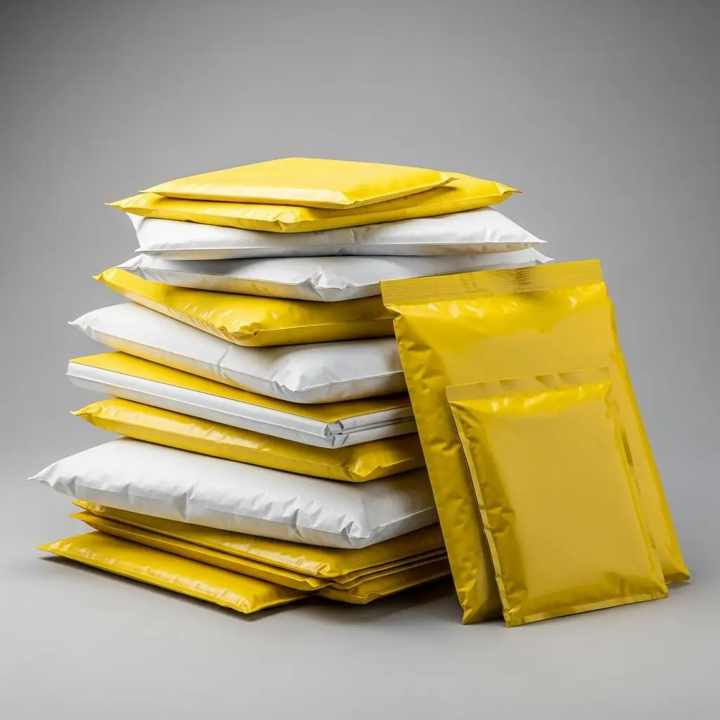 Stack of yellow and white poly mailer satchels — Drop-X same day satchel delivery Melbourne